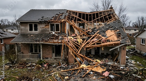 Severely damaged residential house exterior after a natural disaster with destruction disaster hurricane property collapse aftermath devastation accident emergency residential building