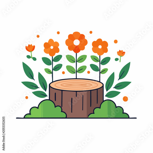 Tree Stump with Blooming Orange Flowers and Greenery