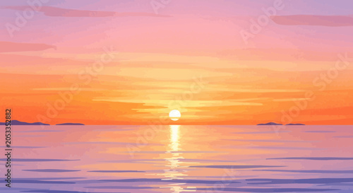 Vibrant sunset seascape illustration featuring pastel colors and reflections on water surface