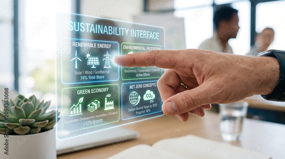 Fototapeta premium Hand interacting with futuristic virtual screen displaying sustainability and renewable energy concepts