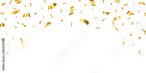 Luxury gold confetti falling background with glitter ribbon celebration elements. Golden onfetti rain decoration for luxury celebration banner. confetti,