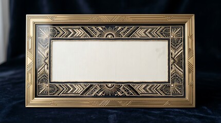 An ornate golden art deco picture frame with a decorative black and gold border surrounding a blank white insert