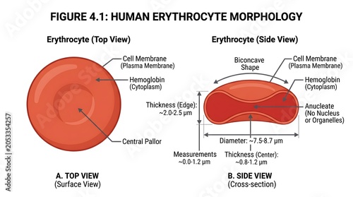 Human Erythrocyte Anatomy Diagram Showing Biconcave Structure And Cross Section.