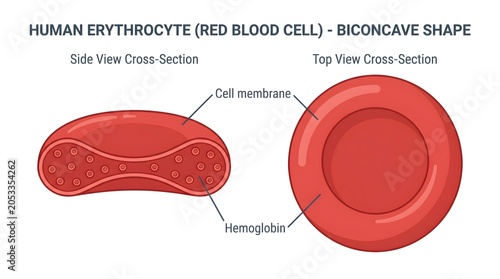 Human Erythrocyte Anatomy Diagram Showing Biconcave Structure And Cross Section.