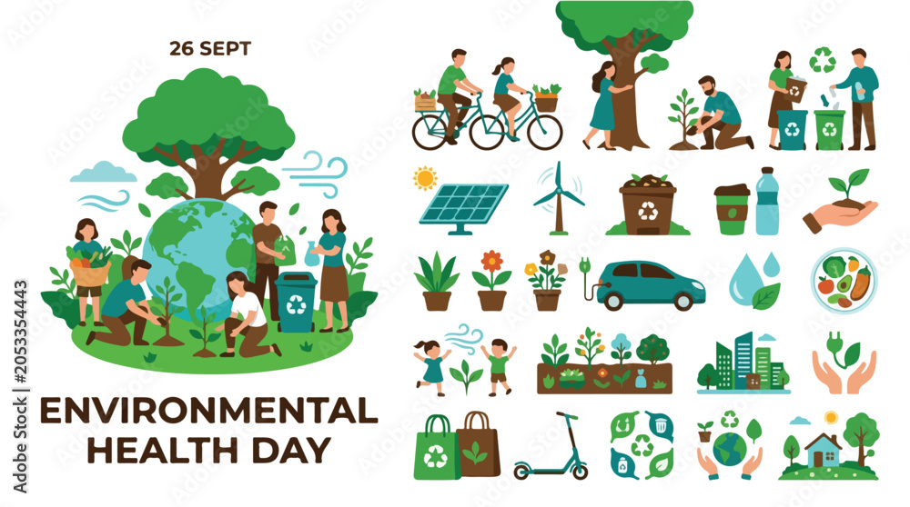 Fototapeta premium Environmental Health Day vector illustration set, sustainable lifestyle icons for 26 Sept, eco friendly people saving planet earth and nature