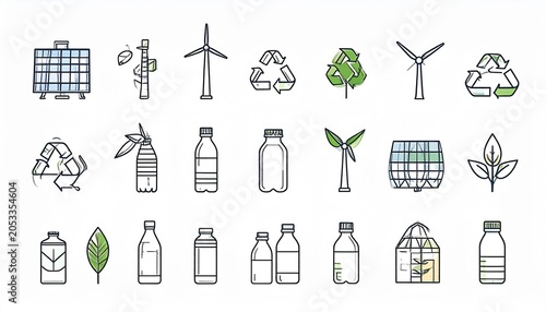 Eco friendly lifestyle icons show reusable products and recycling