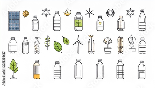 Eco lifestyle icons feature reusable bottles and recycling symbols