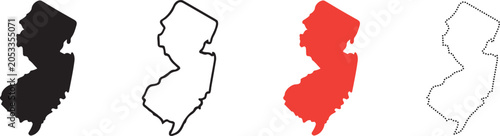 New Jersey Map Icon Set with State Outline, Solid Fill, Dotted NJ Label, Trenton Location and USA Northeast Region Vector Illustration