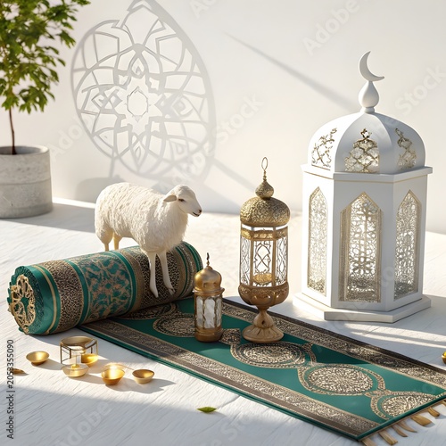 Eid aladha celebration with a white sheep on a green prayer mat and gold lanterns on white background