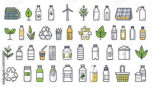 Eco friendly lifestyle icons feature reusable products and recycling symbols