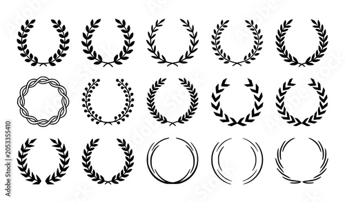 Minimalist geometric laurel wreath icon pack with modern black abstract leaf circles and luxury branding vector frames