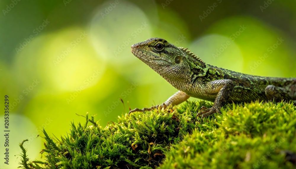 Fototapeta premium Close up of lizard resting on green moss with blurred natural background