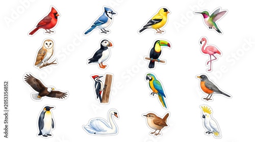 Vibrant Watercolor Bird Collection Vector Sticker Pack Isolated Artwork.