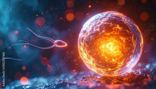 Sperm fertilizing egg cell, conceptual 3D illustration of human reproduction.