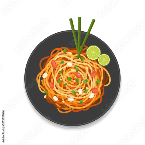 Delicious Pad Thai Noodles with Lime and Scallions, Asian Cuisine Illustration