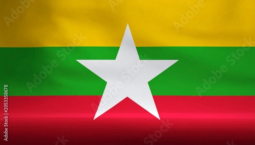 Flag of Myanmar with white star and yellow green red stripes.