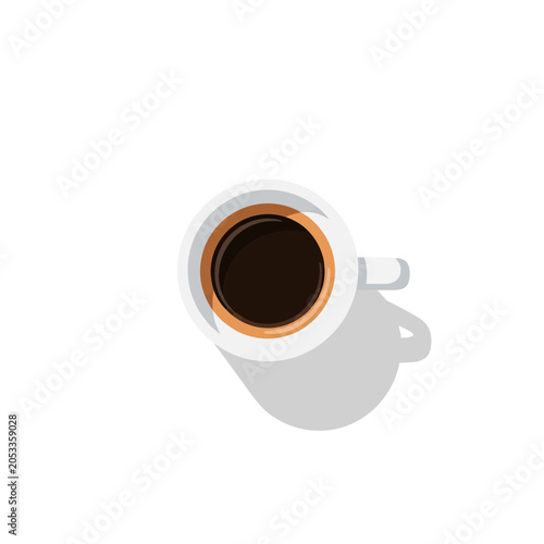 Overhead View of Hot Coffee Cup with Shadow on White Background, Flat Design