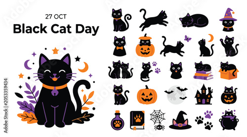 Black Cat Day vector collection, Halloween kitten icons with pumpkins and magic elements, spooky feline character set for October 27