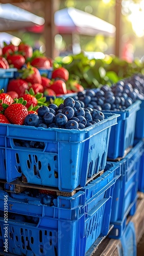 Fresh berries in blue crates at outdoor market
