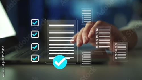 Businessman using a laptop with digital checklist and document approval icons, representing online task management, workflow automation and project completion in modern business operations.
