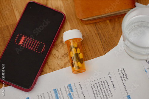 Photos Close up of smartphone showing low battery beside pills, water, documents at home, suggesting digital fatigue, screen overuse, burnout