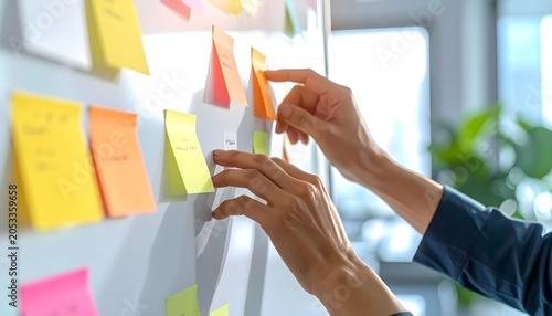 Manos colocando notas adhesivas de colores en una pared durante una sesión de planificación creativa en oficina
