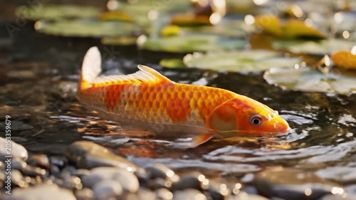 Orange koi fish swimming through clear shallow water with lily pads in golden light