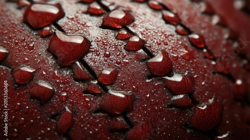 Macro Close-Up of Maroon Leather Baseball Cover with Fresh Water Droplets