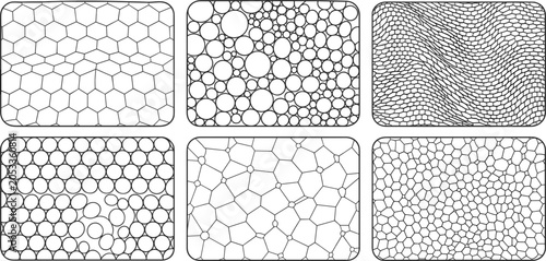 Six Different Geometric Patterns of Cells and Bubbles in Black and White Outline texture