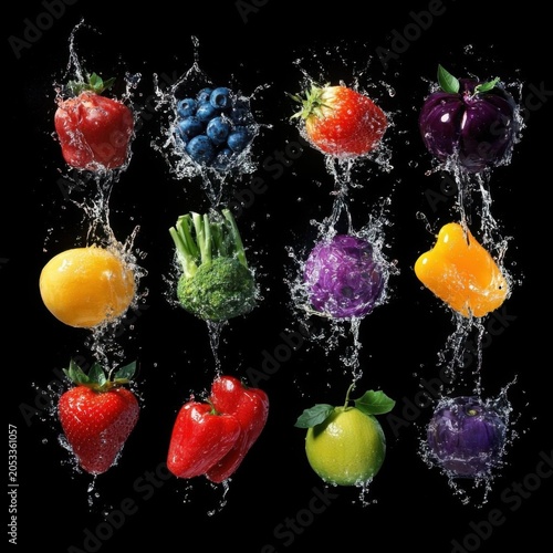 Rainbow Fresh Produce with Water Splashes on Black Background