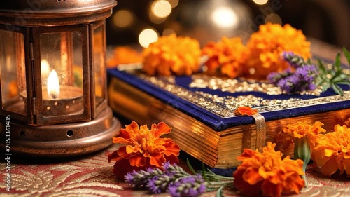Ornate blue Quran with gold gilding alongside a glowing lantern and marigold flowers