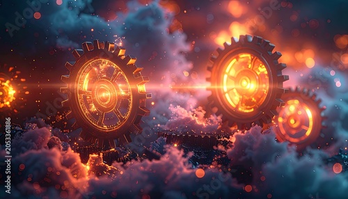 Glowing orange gears float amidst vibrant clouds and lights