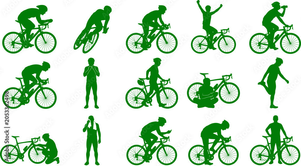 Obraz premium Professional road cyclist bundle depicting various racing positions and bike maintenance collection