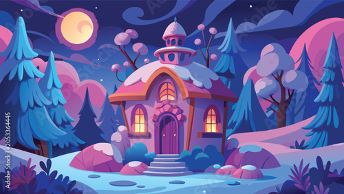 Schilderij op canvas Whimsical winter cottage nestled in a magical snowy forest under a full moon