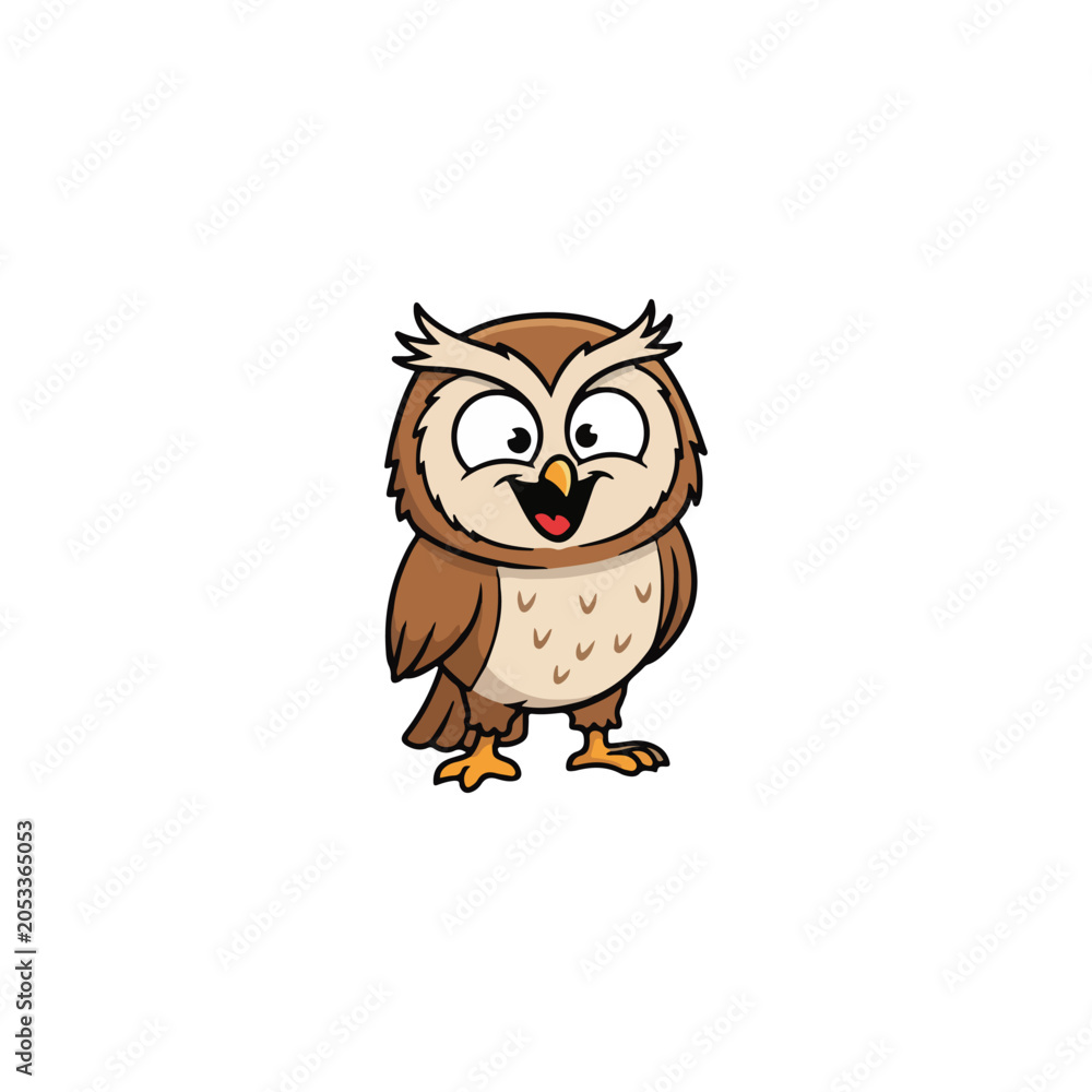 Naklejka premium Cheerful brown owl cartoon character smiling happily on a white background.