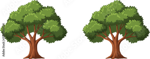 Fotografie Cartoon green forest trees with lush foliage isolated nature vector illustration