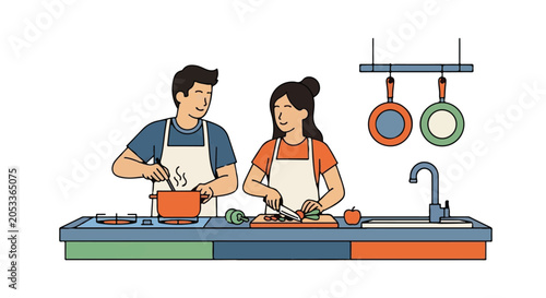 couple cooking together in kitchen