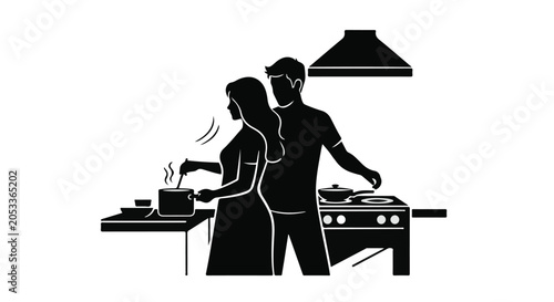 couple cooking together in kitchen vector illustration