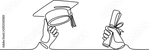 Obraz na płótnie Graduation Symbol: A minimalist illustration depicting a hand holding a graduation cap and another hand holding a diploma, symbolizing academic achievement and the culmination of studies