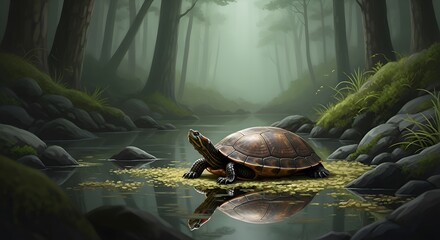 Turtle in serene forest stream, nature landscape, misty environment
