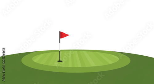 Minimalist vector illustration of a manicured green golf putting green with a red flag and pole in the hole, situated on a curved grass hill isolated on a plain white background.