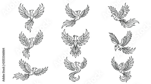 Foto Mythical phoenix bird line art collection, 9 vector firebird illustrations, blac