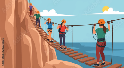 Vector illustration of a group of women wearing orange safety helmets and climbing harnesses walking across a wooden suspension bridge on a steep mountain cliff over the ocean.