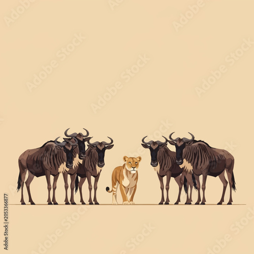 Minimalist vector illustration of five wildebeests standing in two groups with a single lioness positioned in the middle, set against a plain light tan background for copy space.