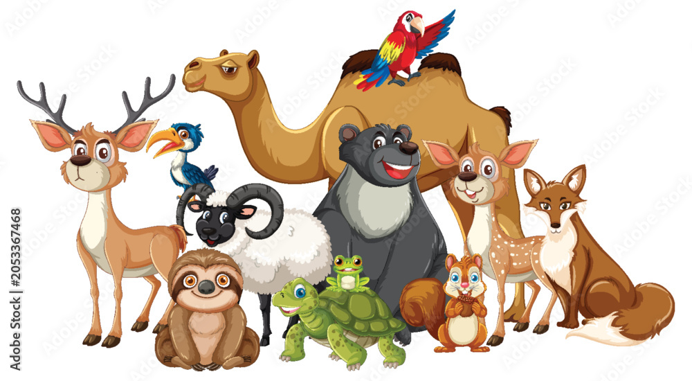 Fototapeta premium Group of Cartoon Wild Animals in Colorful Vector Style