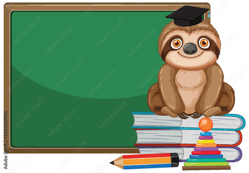 Fototapeta premium Cartoon Sloth Graduate Sitting on Books Next to Green Chalkboard