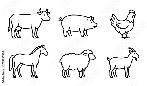Continuous line art or black outline set of domestic farm animals including cow, pig, and chicken