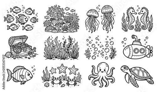 Photography Detailed hand drawn black ink doodle set of underwater sea life, coral reefs, an