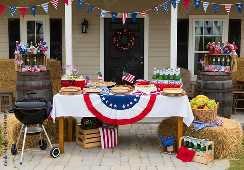 Outdoor patriotic party setup on house porch with table and grill