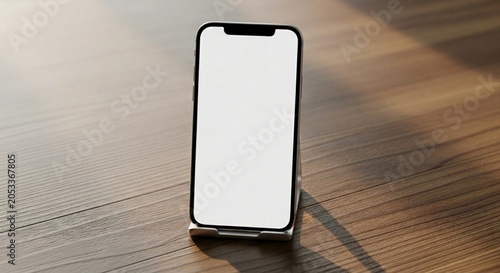 Smartphone with blank white screen on a stand on wooden table for mockup presentation